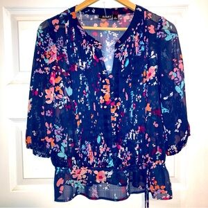 A.n.a Blouse Women’s Petite M Sheer Navy Blue Floral Top 3/4 Sleeve Buttons Tie